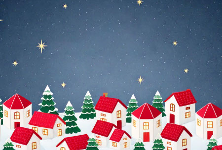 星空とクリスマスらしい町並みのイラストを描いた、クリスマスカードの無料テンプレート